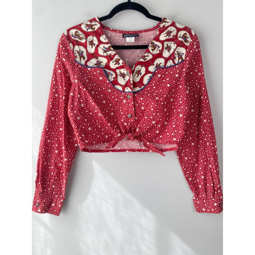 Vintage Roughrider Womens Shirt S Red Star Crop Tie Front Cowgirl Western Rodeo